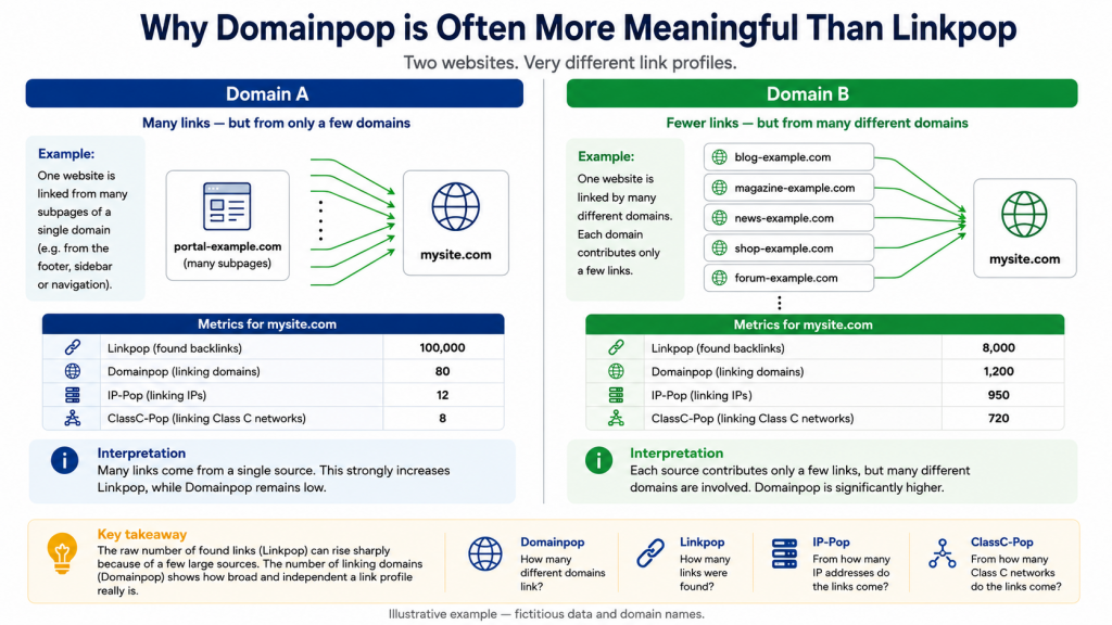 Infographic comparing Domainpop and Linkpop using two illustrative link profiles.